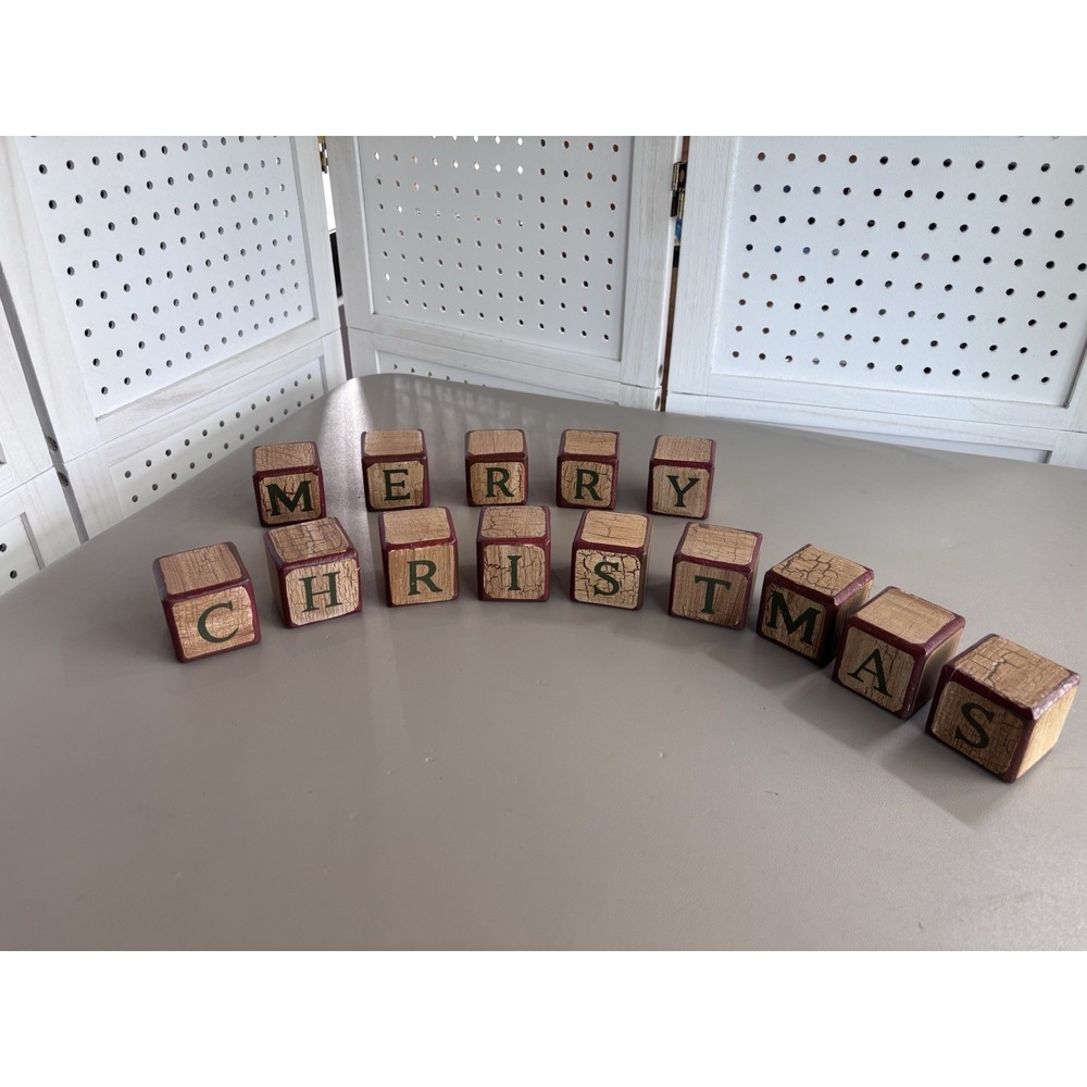 MERRY CHRISTMAS Wooden Cube Blocks Decorative Holiday Decor Wood Painted